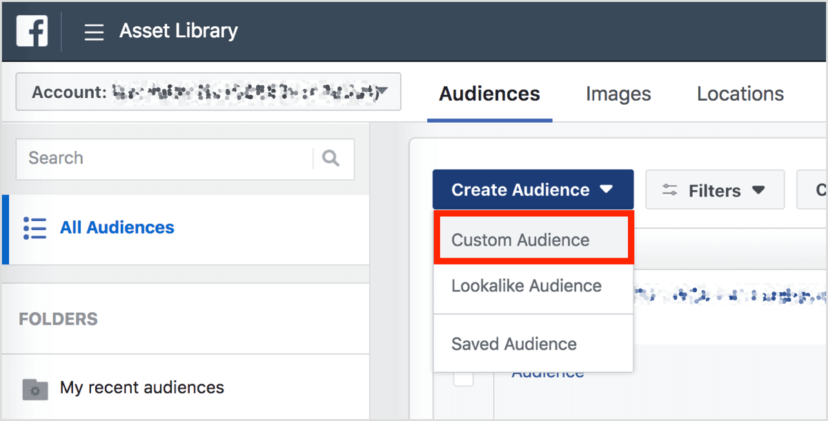 In the Audiences section of Business Manager, click Create Audience and select Custom Audience from the drop-down menu.