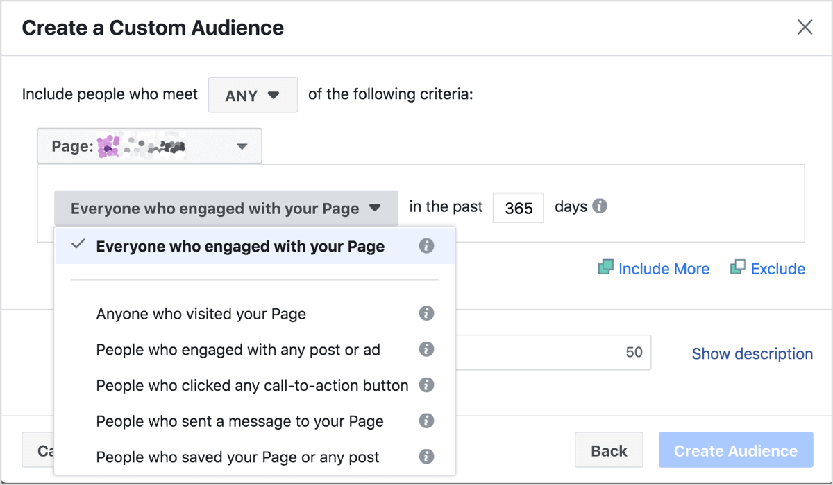 Specify the criteria people will need to meet to be included in this page engagement custom audience.