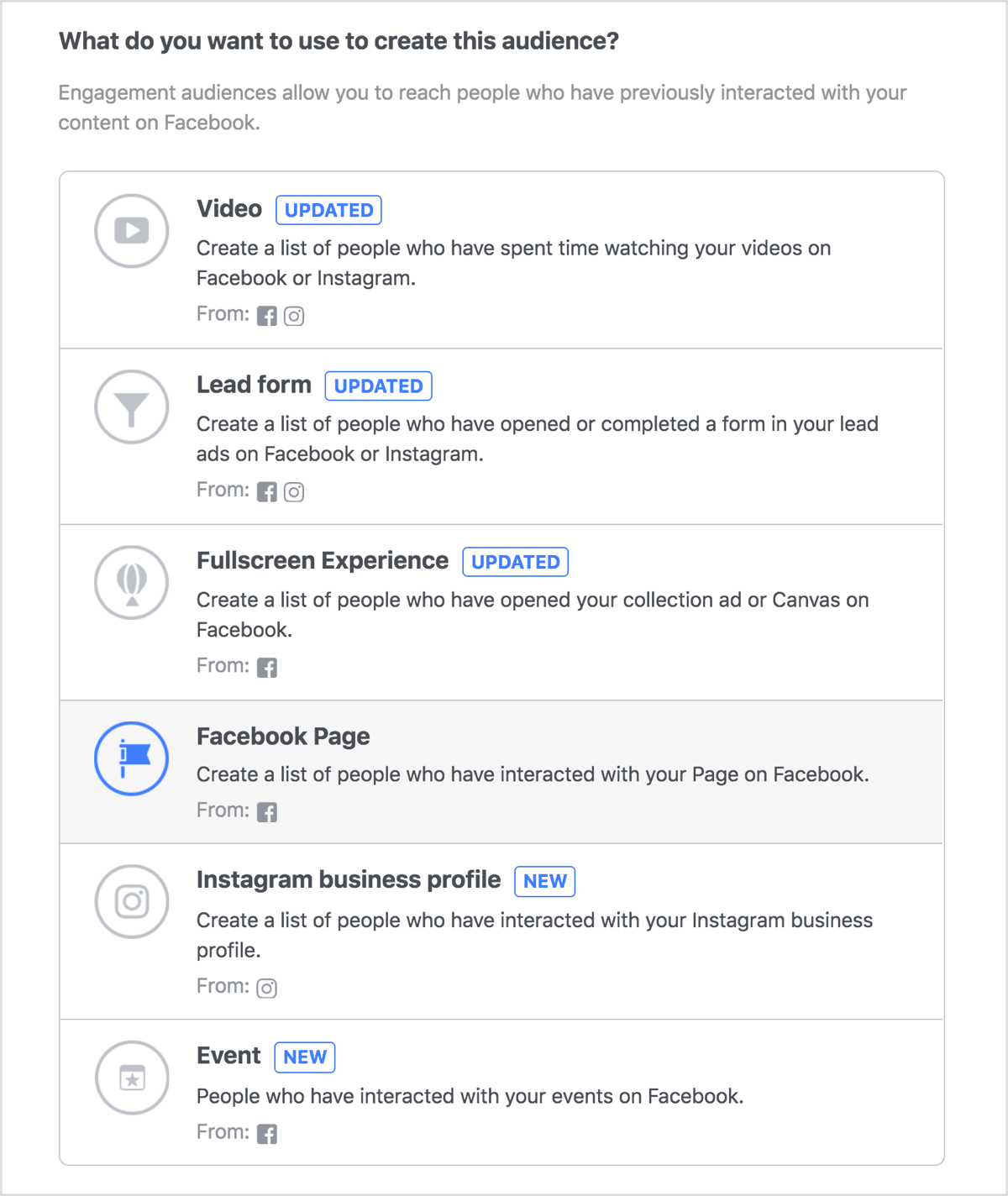 Select Facebook Page for your engagement custom audience.