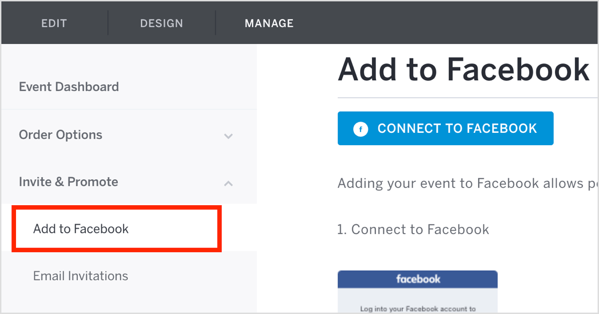 On the On the Eventbrite Manage tab, click Invite & Promote and select Add to Facebook from the drop-down menu.