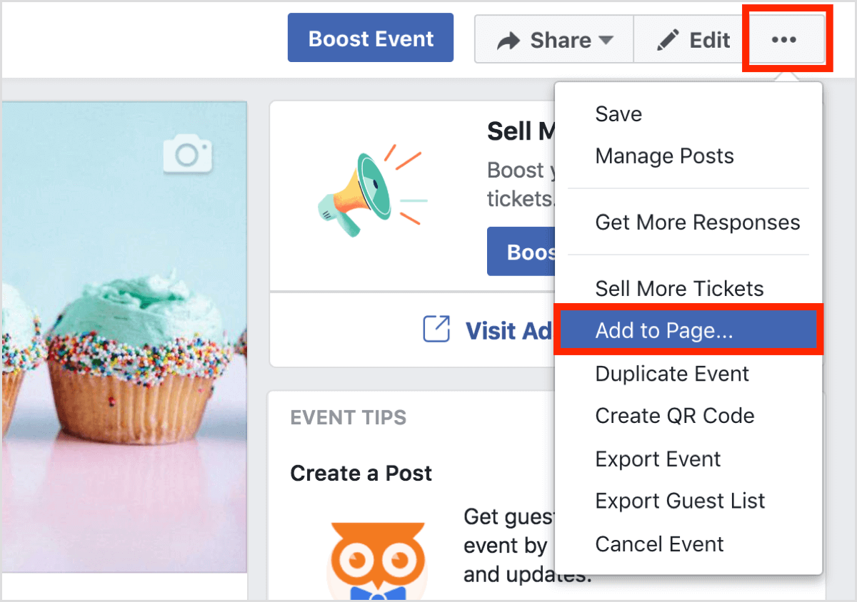 Click the three dots button at the top of the Facebook event page and select Add to Page.