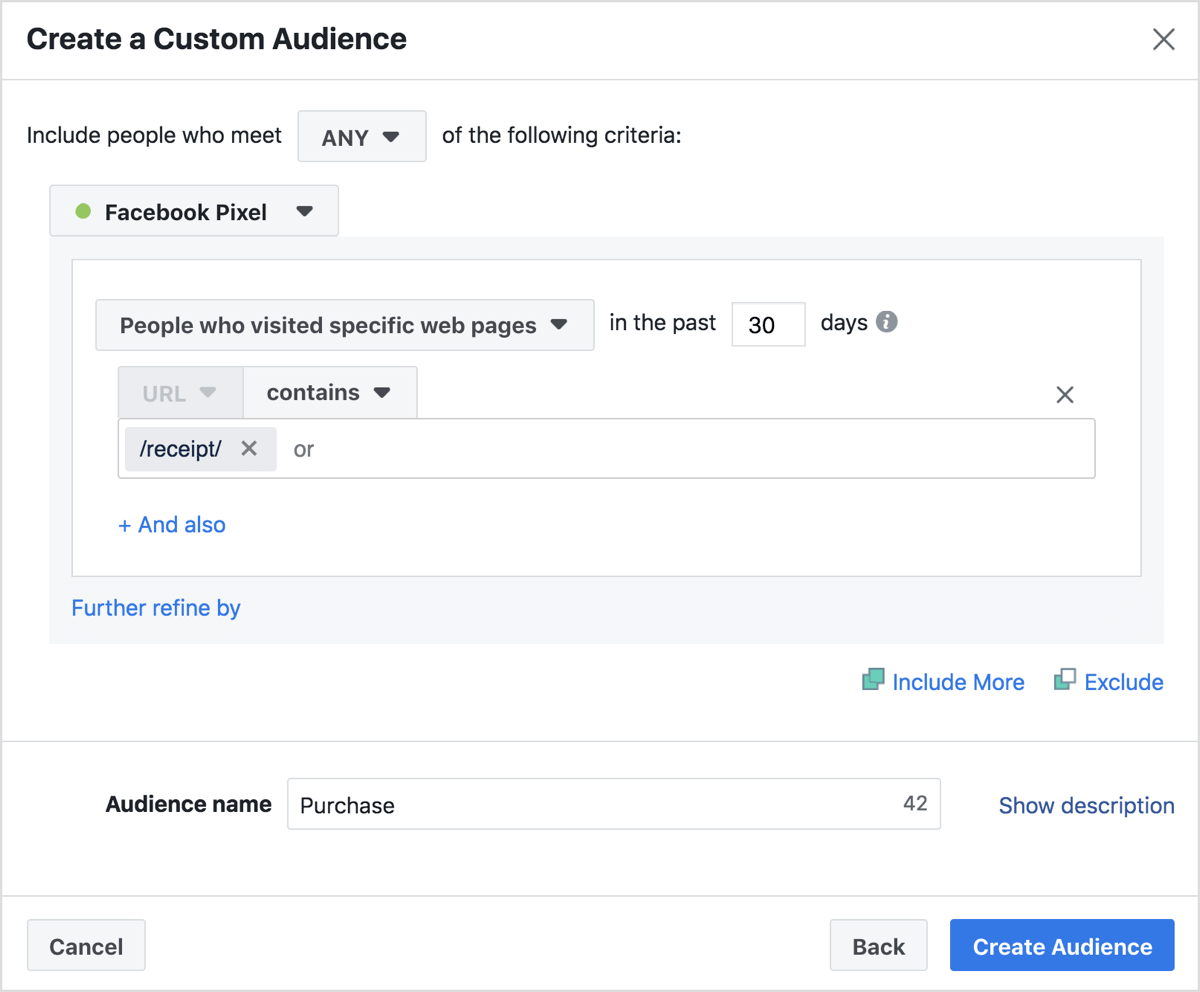 In the audience creation window, set the parameters of your audience based on website activity including pages viewed and time on page.