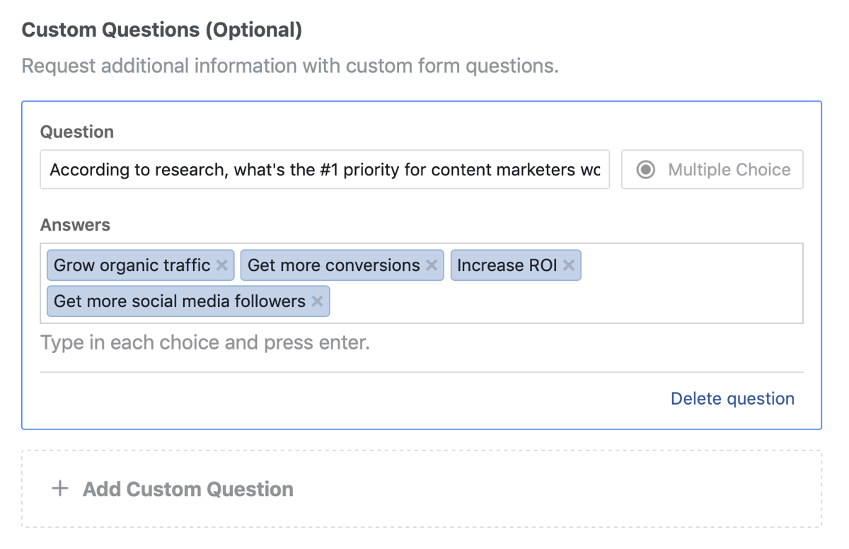 Пример вопроса и варианты ответа на вопрос для ведущей рекламной кампании в Facebook.