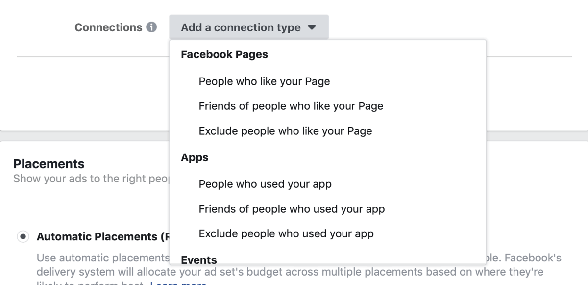 Добавьте параметры типа подключения для рекламной кампании на Facebook.