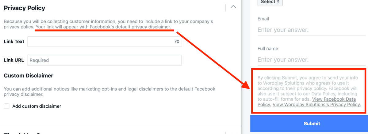 Пример политики конфиденциальности, включенной в опции рекламной кампании на Facebook.