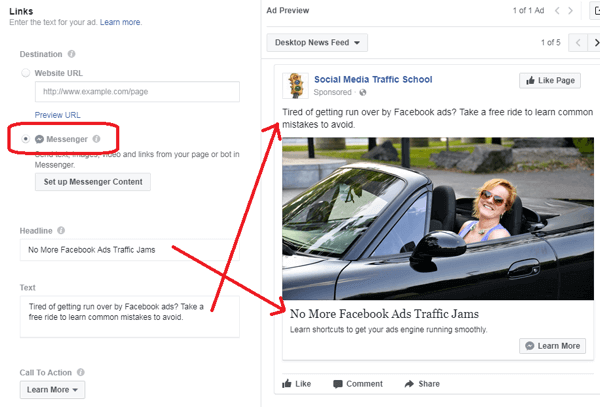 After you choose the destination for your Facebook Messenger ad, fill in the other ad details.