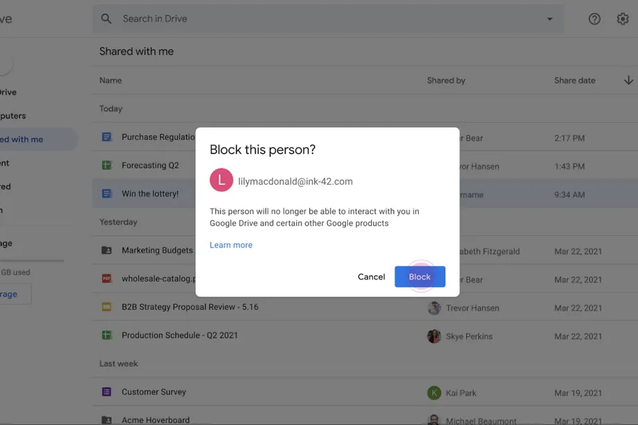 Google сообщил о появлении возможности блокировать пользователей в Google Drive.