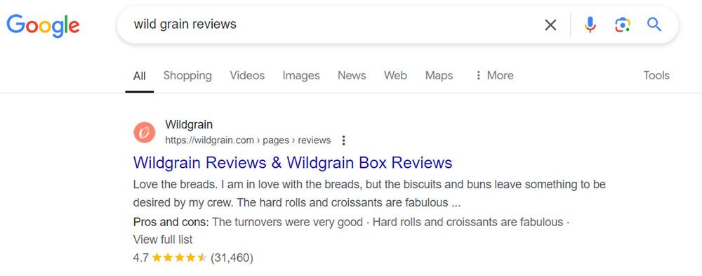 Скриншот із пошуку за запитом «wildgrain reviews», Google US, жовтень 2024 р.