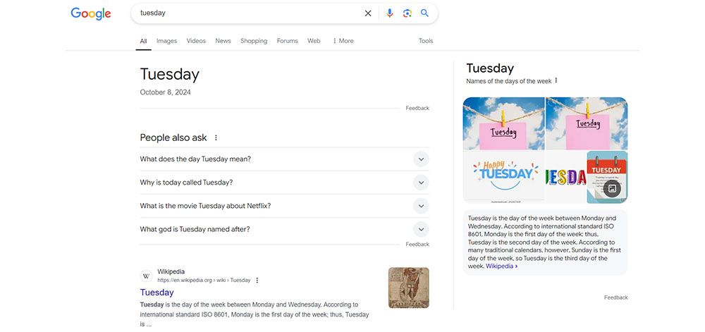 Скриншот з пошуку за запитом «tuesday», Google US, жовтень 2024 р.