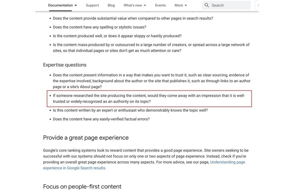 Screenshot of Google's Helpful Content Guidelines highlighting questions about expertise
