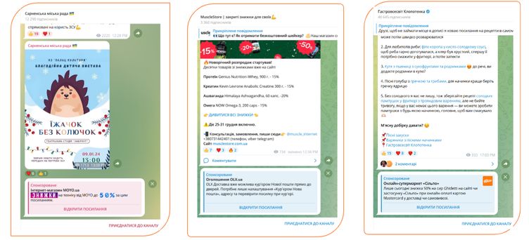 Приклади рекламних оголошень у Telegram